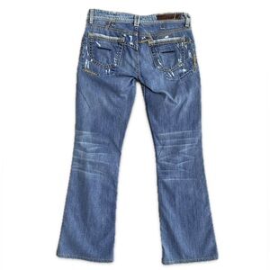 Yanuk Mirage Flare Jeans Embroidered Distressed Mid Rise Womens 31 Premium Denim